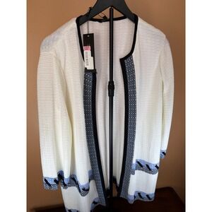 Misook Heritage Fit Knit Cardigan White Navy Blue Lace Up Grommet Jacket NEW